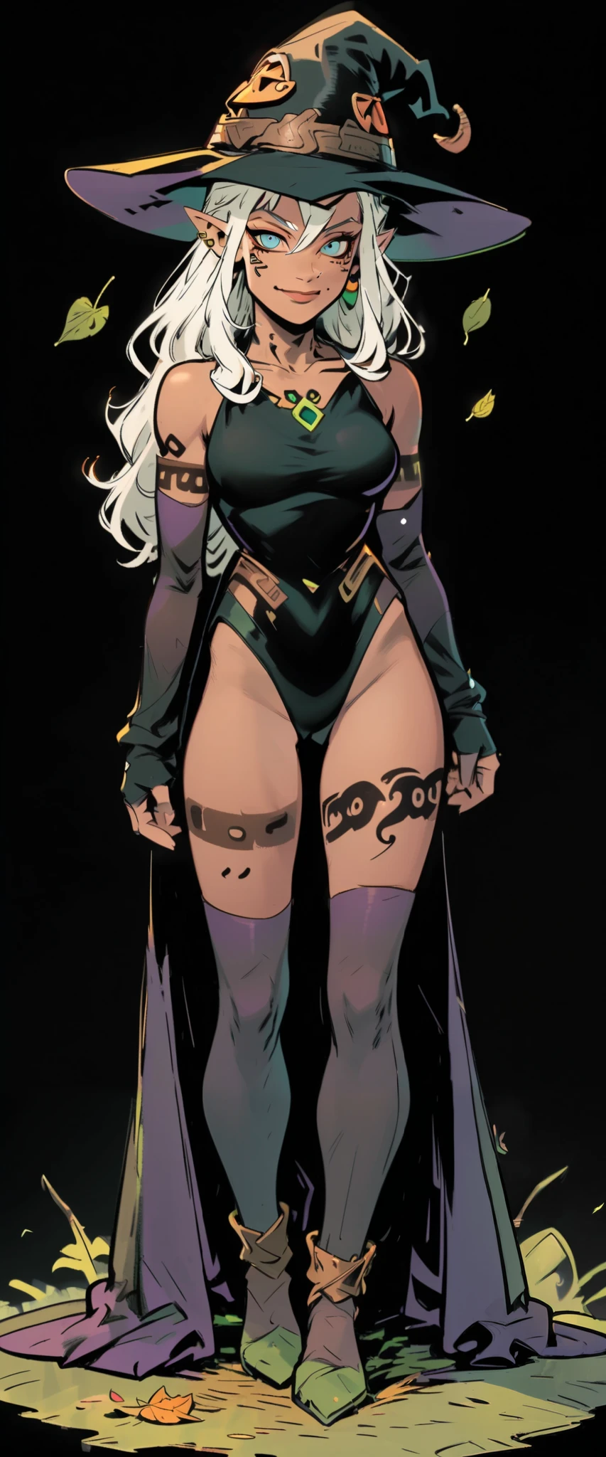 n1n1_v1, c0m1c_v1, 1girl, hat, solo, long hair, witch hat, gloves, detached sleeves, breasts, full body, pointy ears, very long hair, dark skin, looking at viewer, black background, leotard, black gloves, white hair, leaf, black headwear, standing, thighhighs, dark-skinned female, hair between eyes, closed mouth, medium breasts, see-through, smile, ass visible through thighs, clothing cutout, bare shoulders, highleg, arm tattoo, tribal tattoo, closed mouth, leg tattoo, ear piercing, pointy ears, short hair, facial tattoo