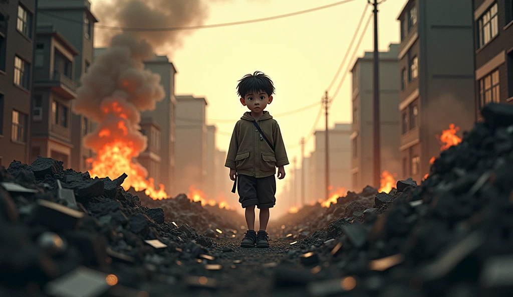 There must be houses destroyed by fire and the child in the middle realistically