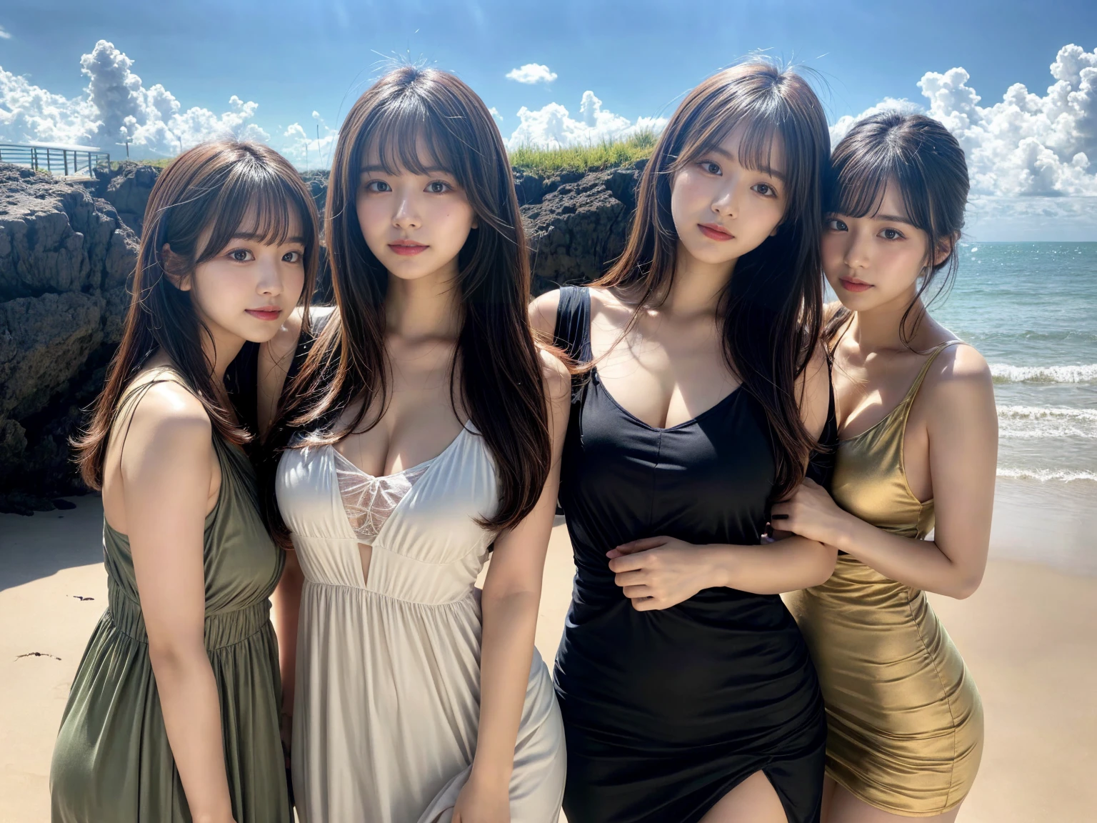 Mastepiece、highest quality、An illustration、Super fine、Fine、High resolution、8k wallpaper、Perfect dynamic composition、Beautiful detailed eyes、2girls, Wearing a sheer, thin dress、Natural color lip、Beach、Random and cute poses、Flowing bangs、large chest, Beauty Legs、 Voluptuous thighs, large hip,KPOP Idol Face、Perfect and beautiful face、cute