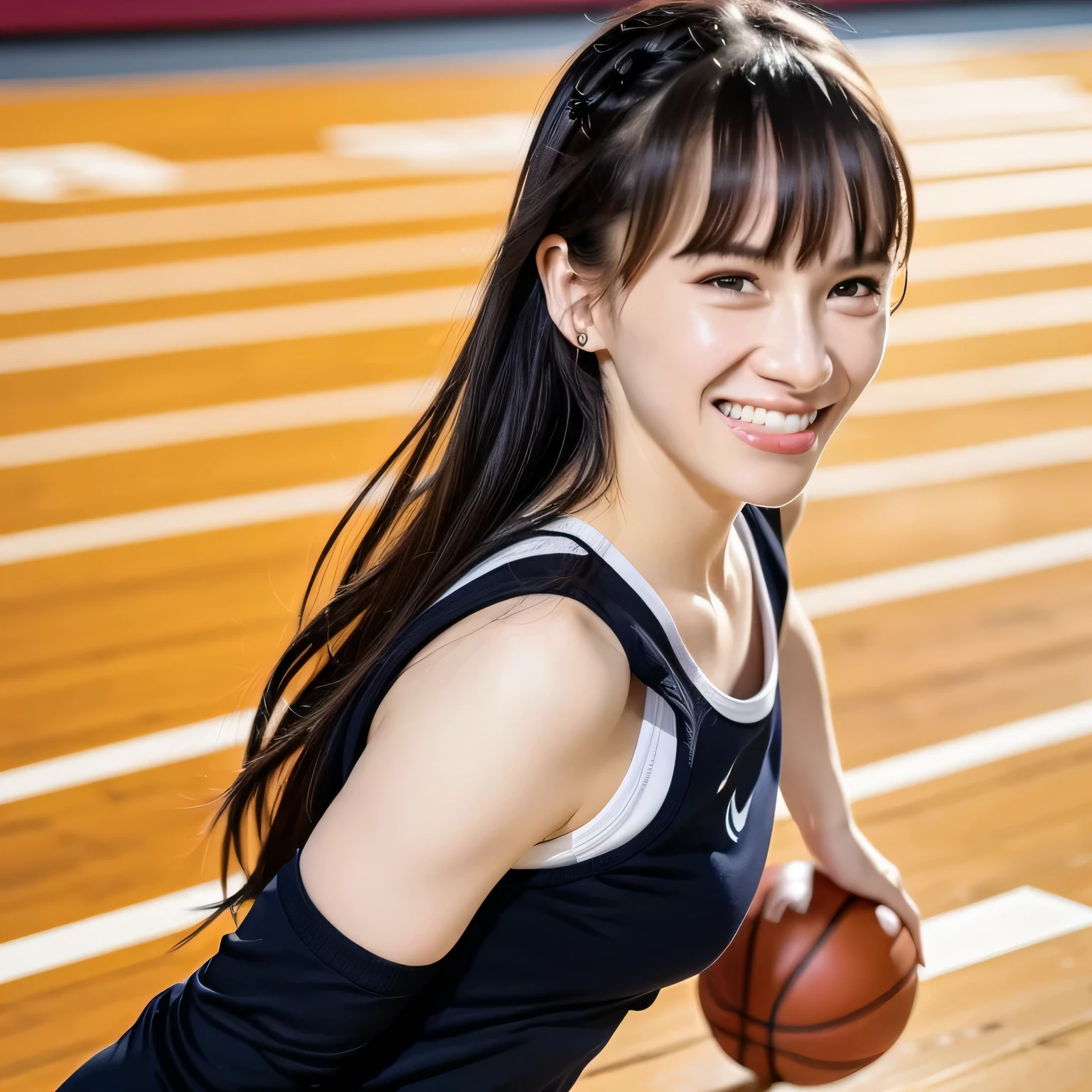 A young female basketball player executes a dynamic jump shot with precision and grace. She holds the basketball firmly in both hands, her form exuding confidence and skill. Her slim-fit uniform highlights her athletic build, while black high socks and matching sneakers create a sleek, modern look. Her neatly braided black hair arcs through the air as she leaps, her intense black eyes fixed on the goal. The polished wooden floor of the brightly lit gymnasium reflects the action, emphasizing the energy and competitive spirit of the moment.A 20-year-old woman smiles gently, friendly. (RAW photos, top quality), (realistic, photo-realistic:1.4), masterpiece, extremely delicate and beautiful, highly detailed, 2k wallpaper, ultra-detailed CG unity 8k wallpaper, ultra detail, high res, soft light, beautifully detailed girl looking back, extremely detailed eyes and face, beautifully detailed nose, cinematic lighting, perfect , slender body. dark hair, long hair, dark eyes.