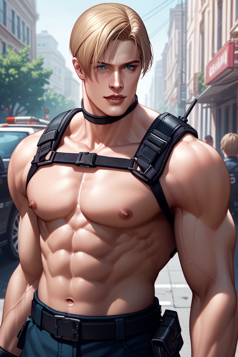 Young man, short blond hair, handsome face, tired expression, green eyes, large muscles, hyper pectoral, thick thigh, large butt. He's wearing a low-cut tank top, black pants, a backwards hat, and a silver chain around his neck, Big bulge. Scenery, party at night.