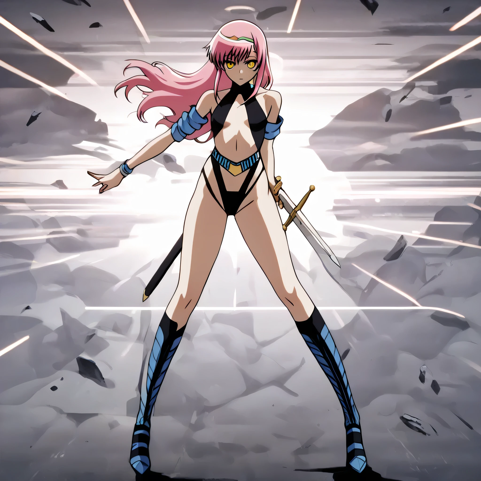 "(masterpiece:1.1), best quality, 
1girl, (80s anime style:1.3), (eyelashes:1.5), (loli:1.2), 
(intricate high detailed body:1.2), 
(pink hair:1.1), (bangs:1.1), (long hair, french braid:1.1), (hair ribbon:1.2), 
purple eyes, 
(medium breasts:1.1), 
(light smile:1.2), 
(string bikini armor:1.2), 
(knight armor, armored boots, capelet:1.2), (belts:1.1), (hoop earrings:1.1), long gloves, 
standing, arms behind back, 
(dynamic pose:1.1), (full body, looking at viewer, from front:1.1),
(simple white background:1.2)"