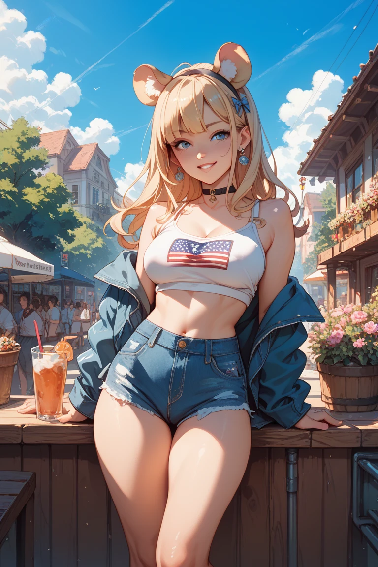 A woman wearing a white sleeveless shirt with a star design, blue eyes with a star symbol, wearing denim shorts, with a denim jacket tied around her waist, women's sneakers, long blonde hair, smiling, wearing a hat with the symbol of the United States, walking on a sidewalk of a luxury park at sunset with background forest, pine trees,.(solo woman),flower, UHD, masterpiece, accurate, anatomically correct, textured skin, super detail, high quality, best quality, 8k, high resolution, bokeh effect.
