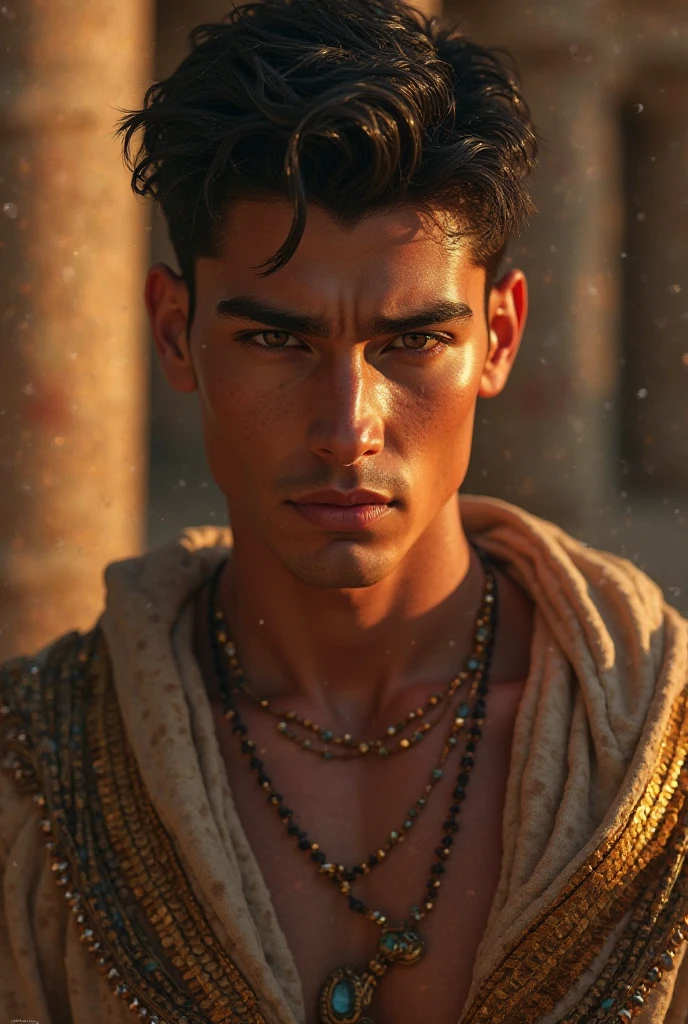Young cute handsome beautiful face skinny white beautiful soft skin shirtless in a desert with a camel dressed in golden arabic
