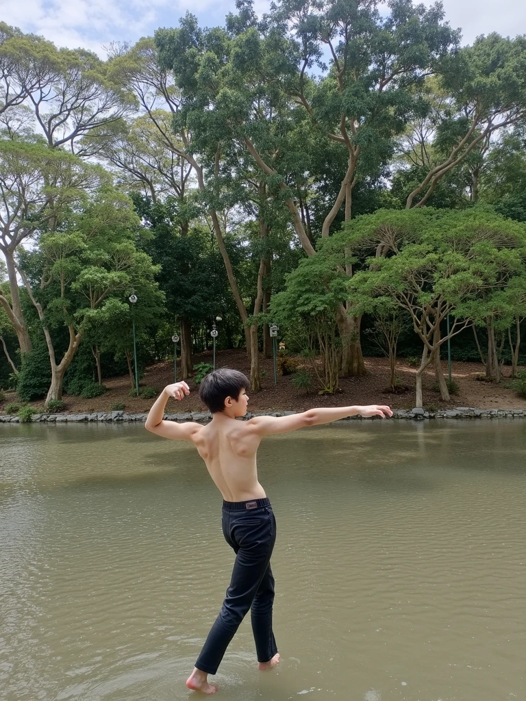  sideways  view of cute Thai young guy, skinny body, have a belly,sharp eyes standing under big tree  in local Thailand wearing tanga grey ????????? , shirtless, multiple friends in  foreground 
