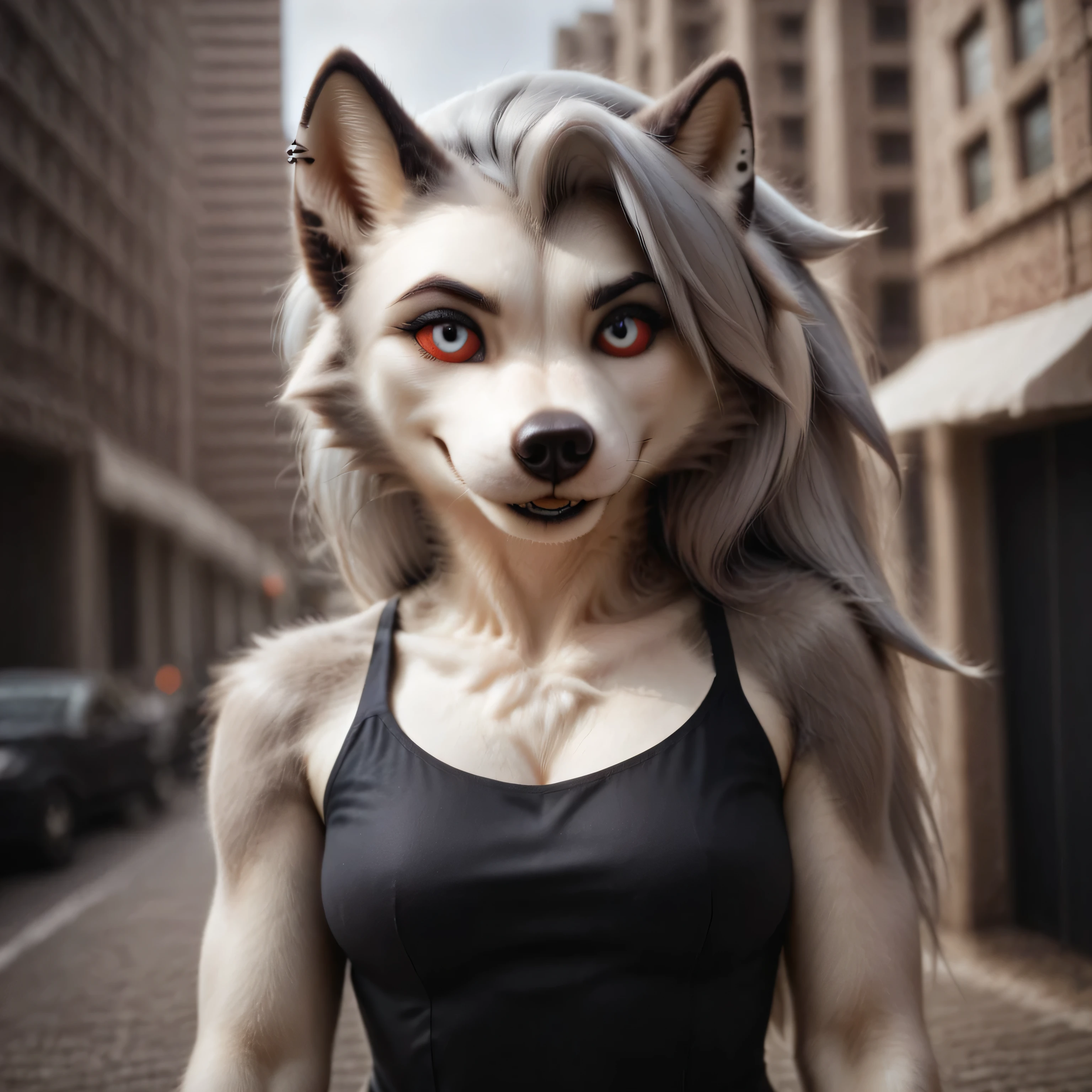 score_9_up,score_8_up,1girl,solo,amazing composition,incredible lighting,smiling,detailed background,shiny skin,outdoors,Loona,furry,anthro,city in hell,black tight dress, black boot high helss,