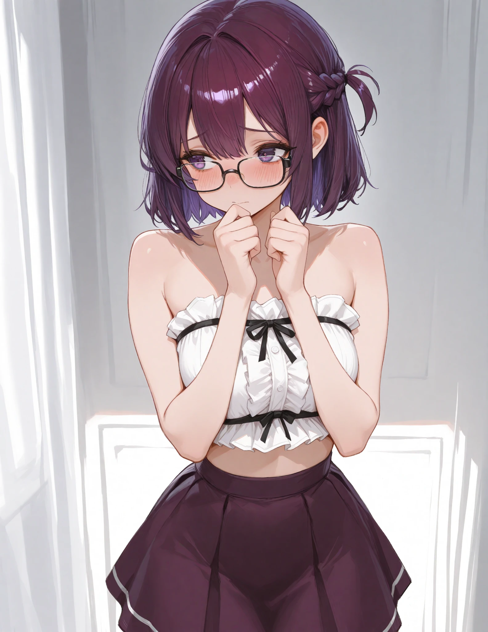 One Girl、Bob Hair、Shaved back of head、look back、Straight bangs、smile、Upper Body、Glasses、Small eyebrows、Purple Hair、Focus on the face、
