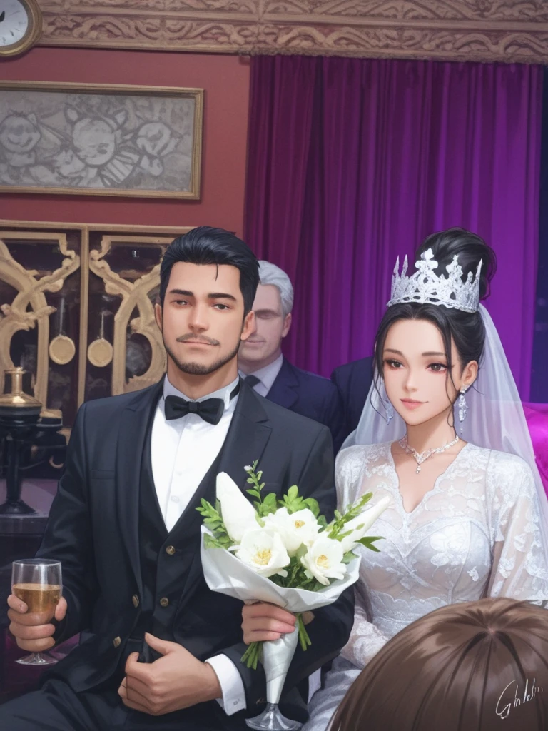 bride and groom standing in front of a crowd of people, malika favre, from the side, wedding photography, wedding, by Nándor Katona, left profile, bride and groom, profile image, wedding photo, by Willian Murai, looking off to the side, celebrating, mid - shot, mid-shot, profile picture