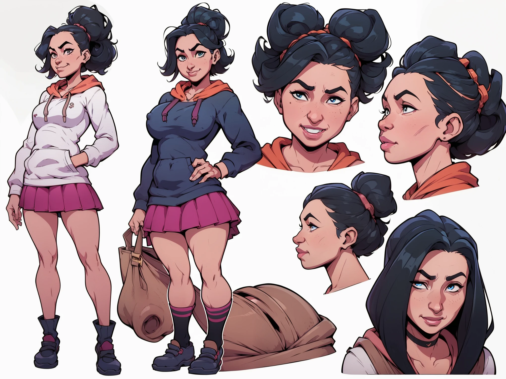 mari, wide hips, black hair, 1girl, cms, (longer wavy haircut, curly hair), k4r3nh41r, exaggerated inflated legs, 4k, highly details, (((tiny breasts))), ((wearing a casual loose hoodie and short skirt)), sensual, 4k, highly detailed face, perfect skin, detailed face, focus on eyes, anatomically correct, ((((reference sheet, simple white background, (multiple views), (full body), dynamic pose,,)))), ((extremely exaggeraded grinning))