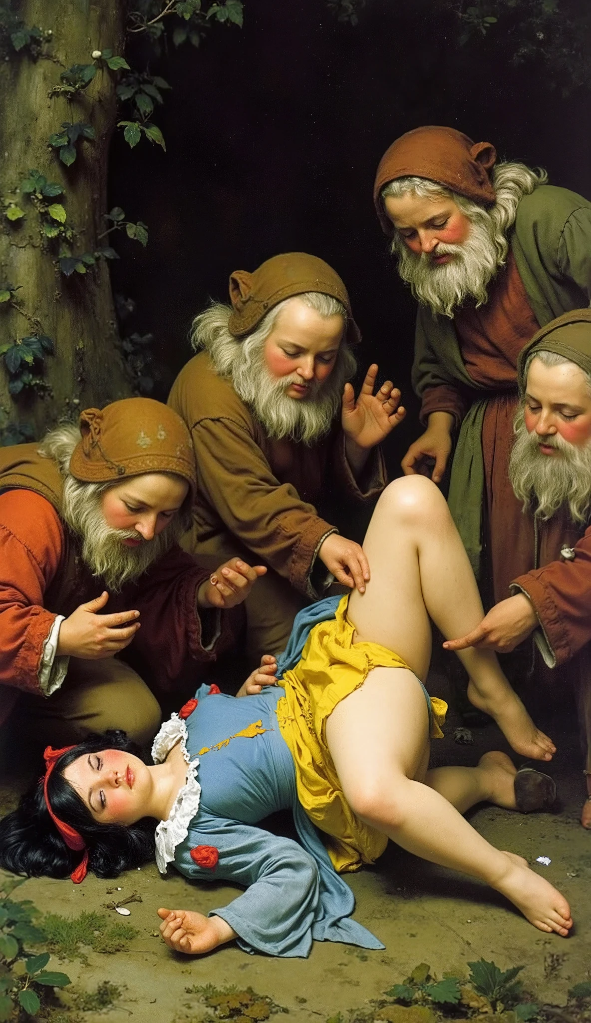((NSFW)),
19th Century style,
Full body,
Old photo,

1girl, 7guys,
early summer in 17th century Germany、
Seven dwarfs are raping Snow White's dead body lying down、
Young Snow White、Snow White is 10yo、
She has black bob hair with red ribbons、
She wears a blue bodice and a yellow miniskirt、
Snow White had her heart removed and abandoned in the woods、
((the dwarfs have committed Snow White's  many times))、Snow White's  that was raped、 Disheveled Clothes、
Dwarfs commit a crime and defile Snow White's 、