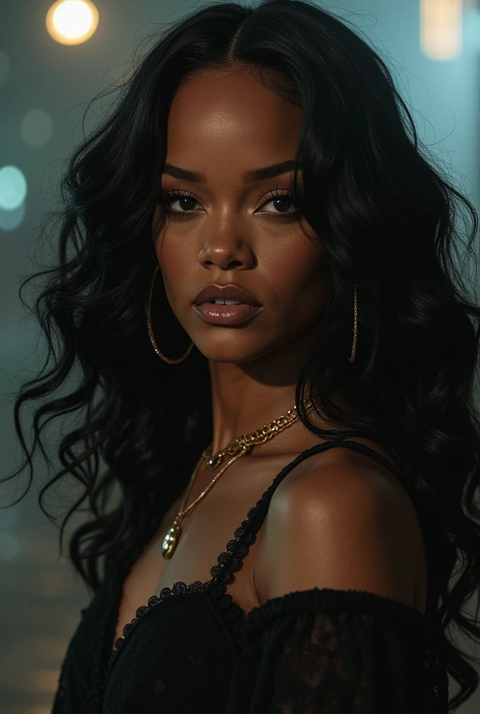 Realistic photo portrait of {Rihanna, (Long and slightly messy hair)}, Action {SHORT LUXURY TRANSPARENT LACE AND TULE SWEATSHIRT WITH BULGE }, {neon lighting in the room in an exotic way))}, soft and smooth skin, symmetrical face, body entire, big ass, symmetry and full mouth sensualizing, human ideal, 85mm lens, f8, photography, ultra details, natural light, backlighting, photo, studio lighting