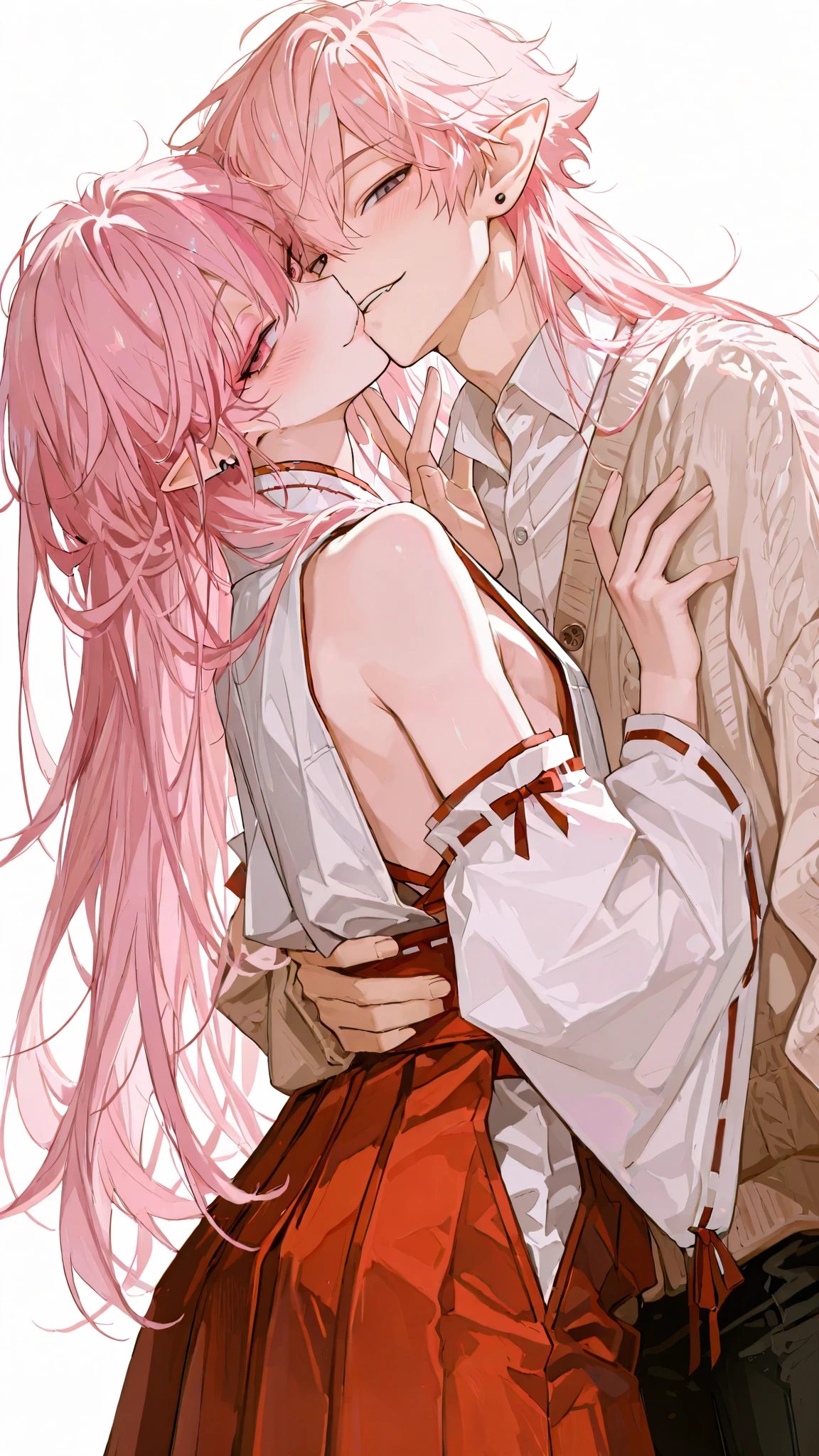 1male,handsome,top quality,high quality,masterpiece,beautiful young man, lean, 6 foot tall, miko, side boob, vampire, detailed face, Gothic, ta fashion, simple background, long hair, multi colored hair, shrine maiden, pointy ears, visual kei style, pink hair, studs, piercings, (masterpiece:1.2),(highest quality),(super detailed),(ultra-high resolution), sub culture, cardigan, flawless smooth skin, detached sleeves, White background,high fashion, dramatic lighting, newest, male focus, adult male, perfect body proportions, heavy black eyeliner, pink eyeshadow, long messy hair, cardigan, blush, flawless smooth skin, looking at viewer, seductive smile,anticipating kiss, kiss, half closed eyes, cowboy shot, reaching out,White background,high fashion, dramatic lighting, warm colors,newest, pov