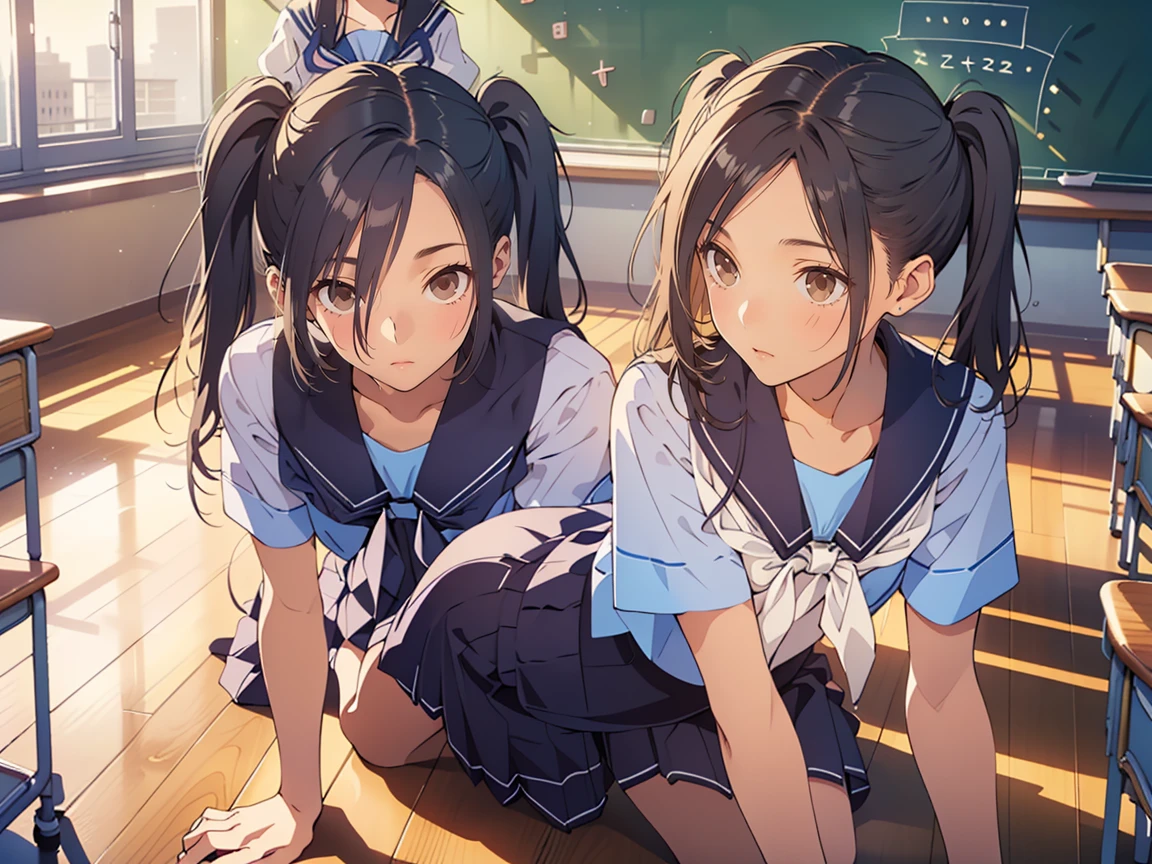 high school girl、Dressed in high 、School classroom、(Big Breasts)、((独奏))、alone、smirk,Cheek resting on hand、Crossing legs