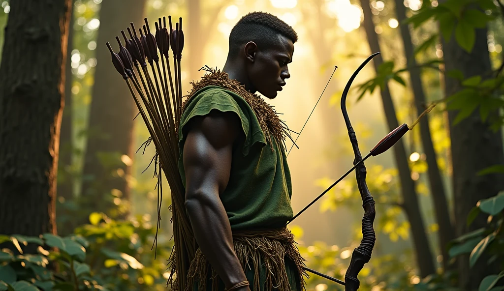 realistic image of an african man hunting in the forest with bow and arrow. 8k