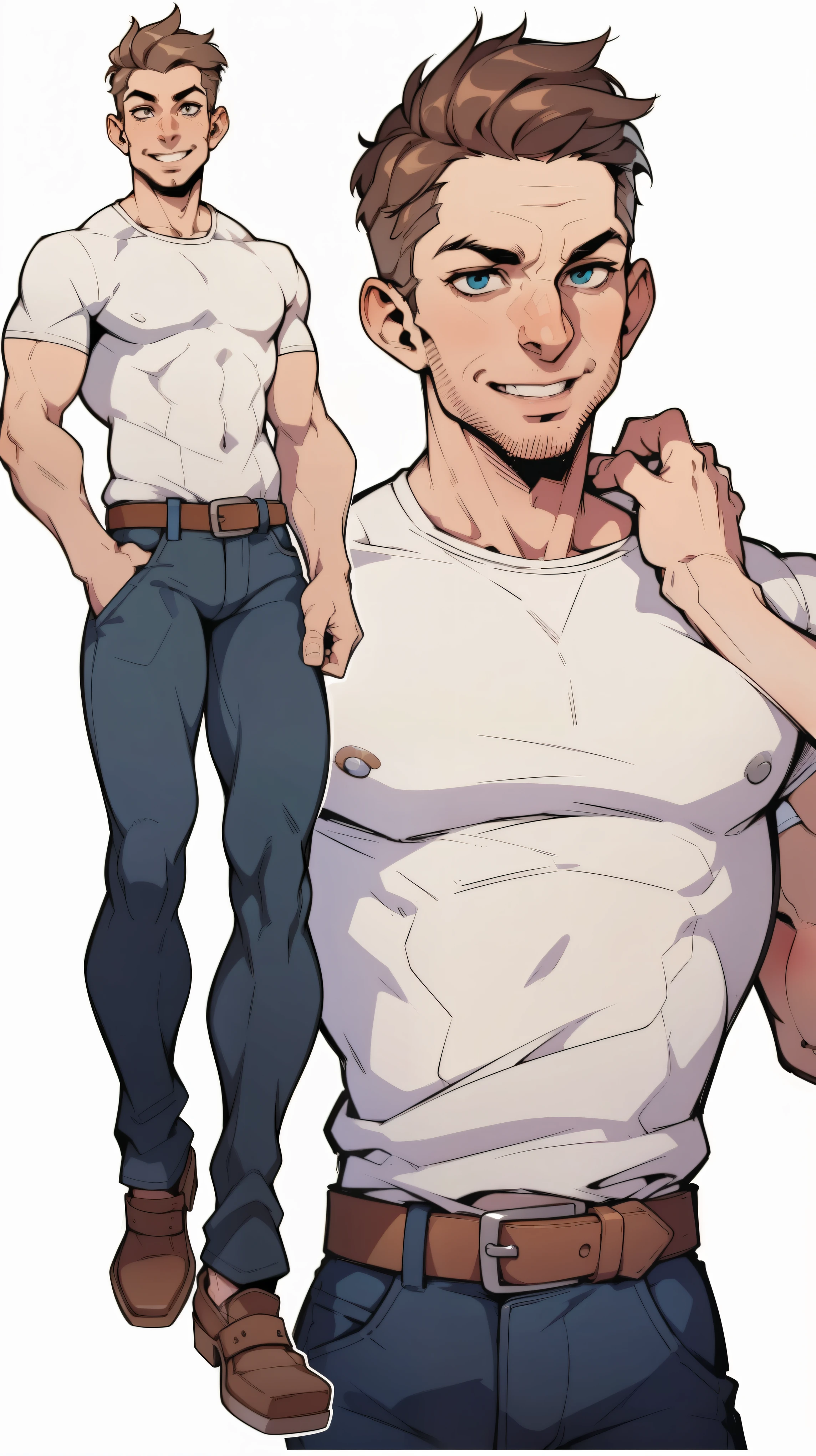 picture of a slim man, 1guy, pat32, pat 33, 4k, short brown hair, highly detailed, white shirt and jeans, standing, young, charming, (plain white background), (upper body portrait), smile, (reference sheet, simple white background, (multiple views))