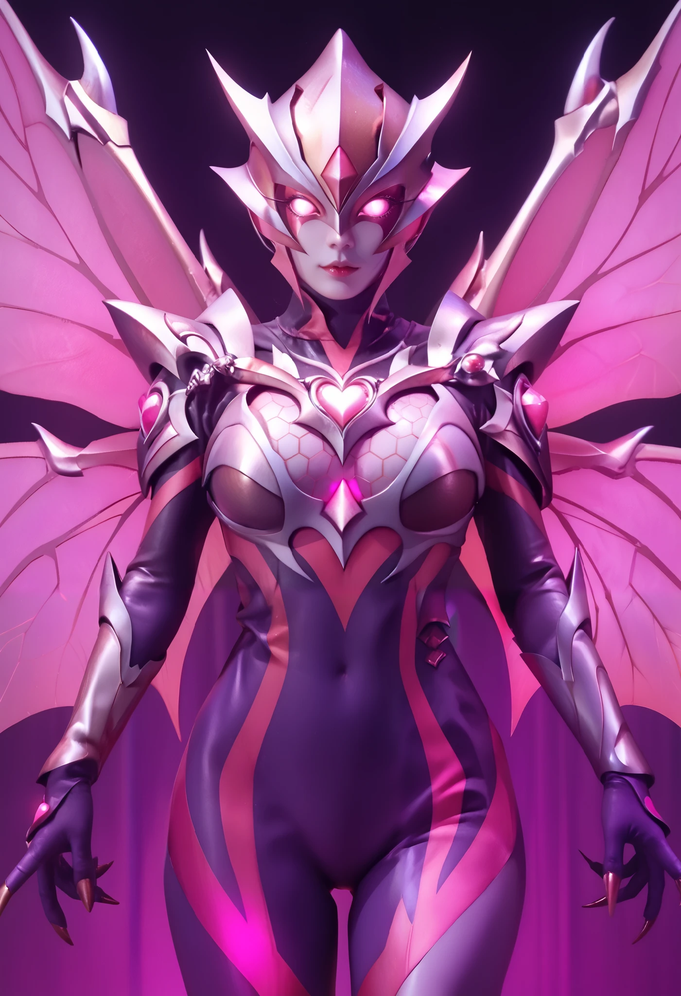 Ultraman Style Girl. Covered in black and purple skin. Pink lines. Glowing crystals on chest. Sharp claws. Firm breasts. Curved waist. Thighs. Inorganic face. Armor-like skin. Honeycomb-patterned skin. Humanoid insect. Mosquito wings. Opal colored wings. A glowing pink heart tattoo.