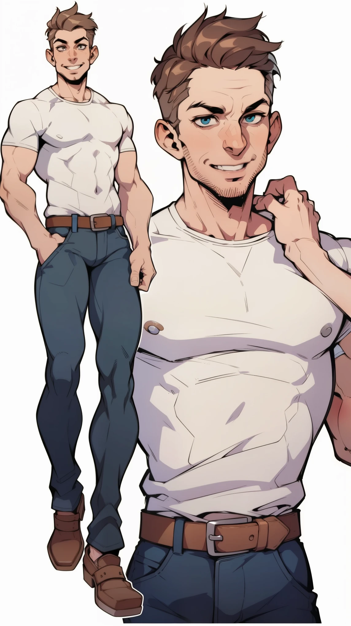 picture of a slim  man, 1guy, pat32, pat 33, 4k, short brown hair, highly detailed, white shirt and jeans, standing, young, charming, (plain white background), (upper body portrait), smile, (reference sheet, simple white background, (multiple views))