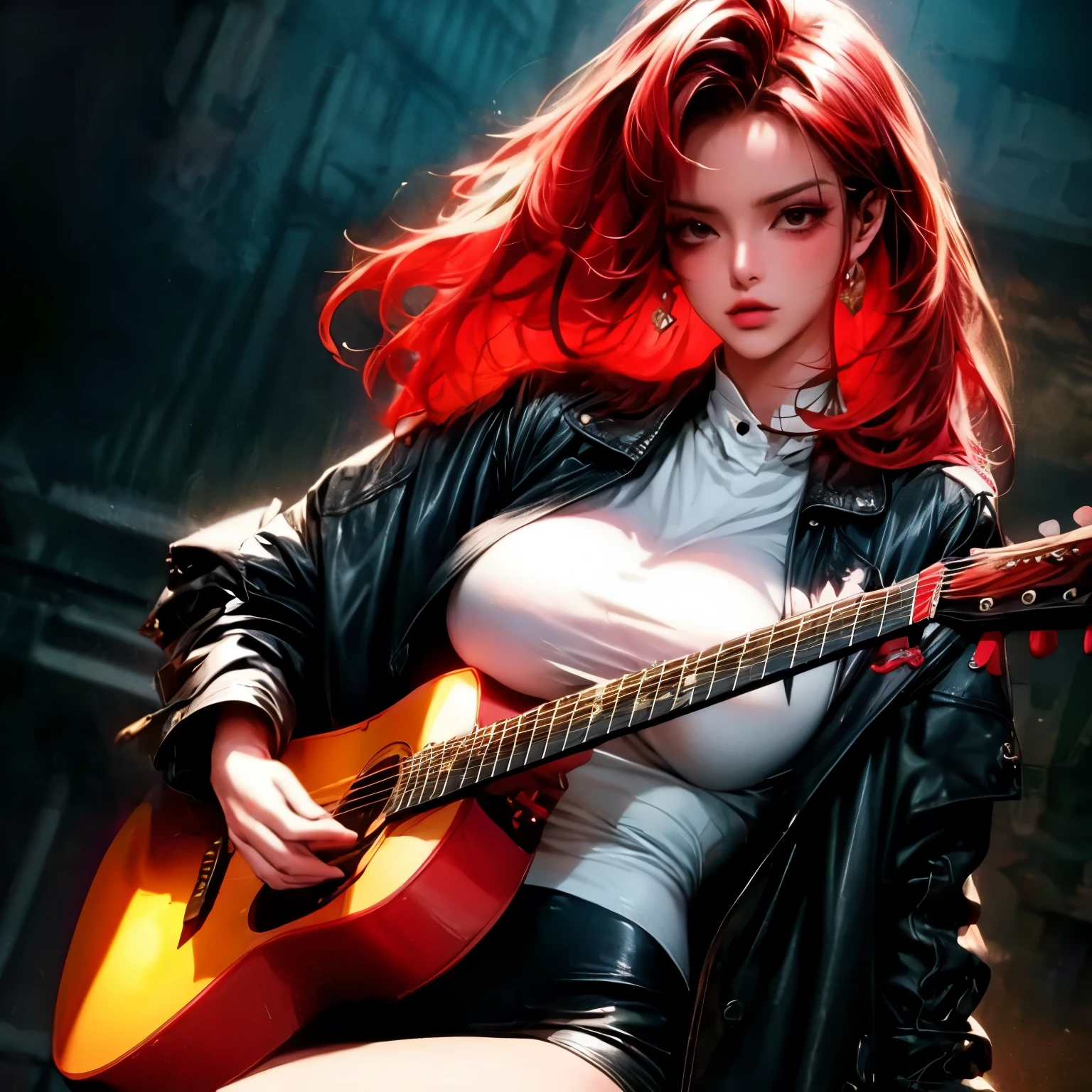 ((extreme quality)), ((Masterpiece)), ((Enrich the picture，Masterpiece level quality)), red hair, curtainbangs, very big breasts, golden eyes, fierce woman, ultra eyes details, RAW 4K, Realistically , ((great effect to highlight the subject)) , ( cinematic lighting, moody, textile shading), perfect proportions, ultra detailed, volumetric lighting, soft lighting, glossy skin, beautiful face, Special face details, strong emotions, elegant gesture, Detailed facial features, Long eyelashes, contrast, Incredible atmosphere, Fascinating setting, Haunting beauty , black mini skirt , mini t-shirt, tigh jacket, street fashion, guitar,