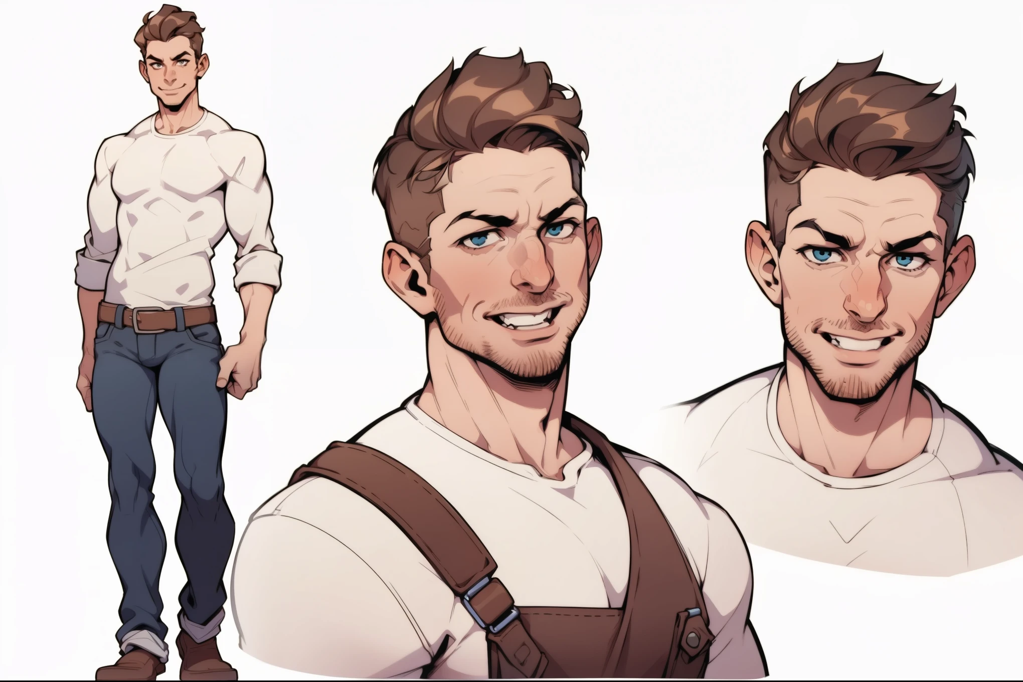 picture of a slim man, 1guy, pat32, pat 33, 4k, short brown hair, highly detailed, white shirt and jeans, standing, young, charming, (plain white background), (upper body portrait), smile, (reference sheet, simple white background, (multiple views))