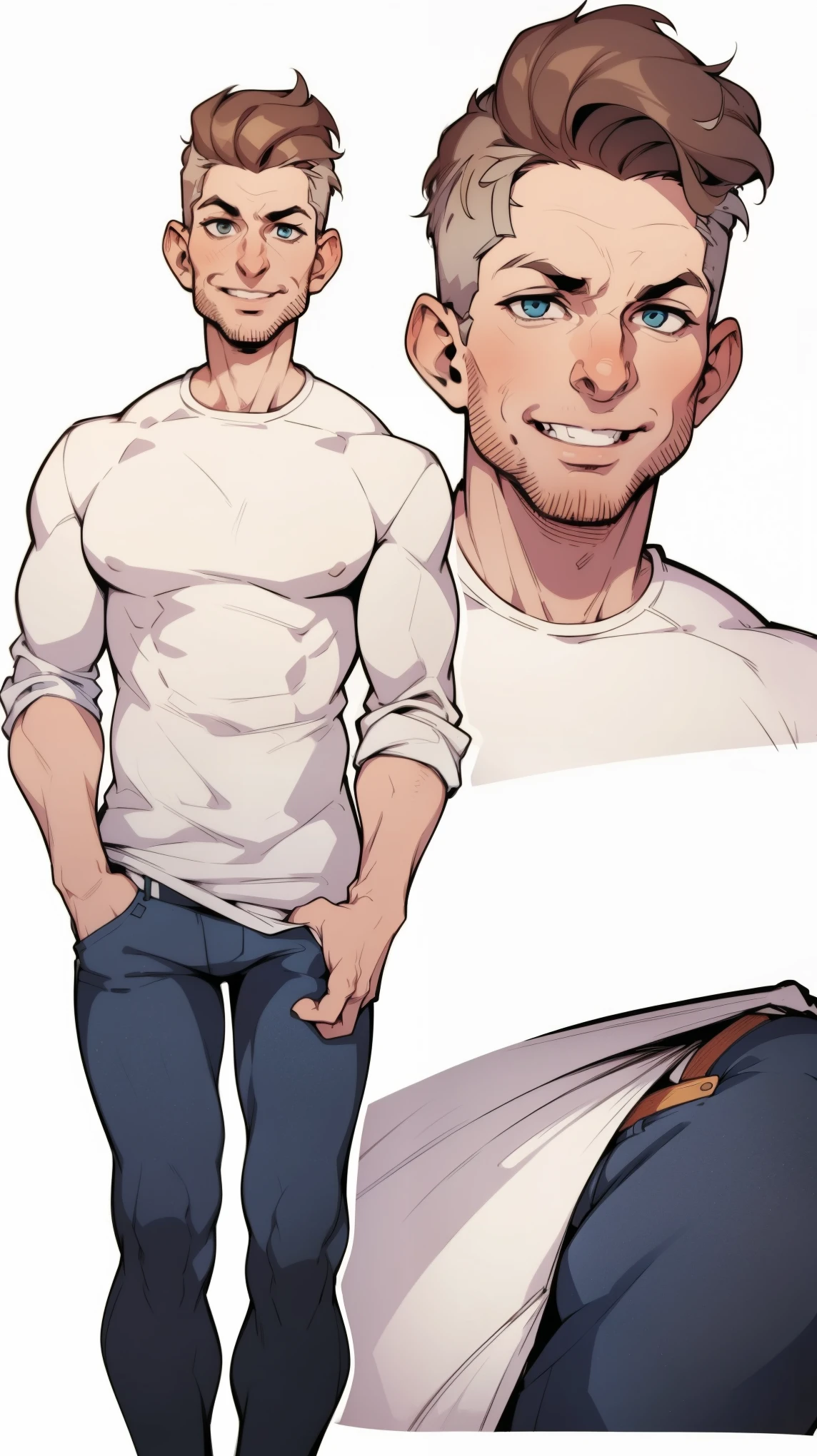 picture of a slim man, 1guy, pat32, pat 33, 4k, short brown hair, highly detailed, white shirt and jeans, standing, young, charming, (plain white background), (upper body portrait), smile, (reference sheet, simple white background, (multiple views))