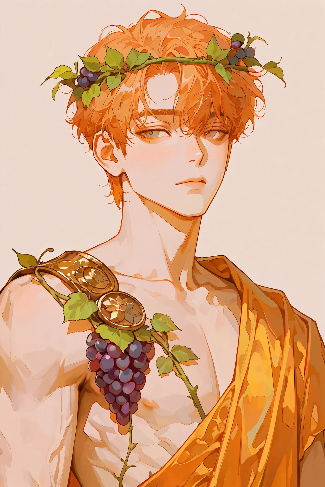 Greek god, ( soft colors:1.2),(pink and purple :0.5),(Orange:0.1),(best aesthetics:1.2), High aesthetic, Mix Various Art Aesthetics, alone,simple background,[handsome guy,Grape,Dharma Instruments,vine,short hair
