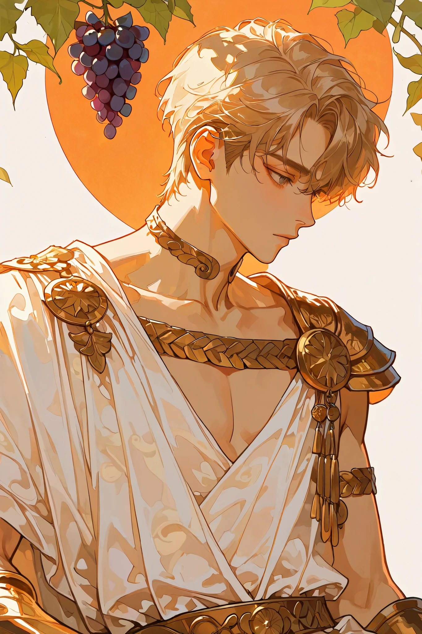 Greek god, ( soft colors:1.2),(pink and purple :0.5),(Orange:0.1),(best aesthetics:1.2), High aesthetic, Mix Various Art Aesthetics, alone,simple background,[handsome guy,Grape,Dharma Instruments,vine,short hair