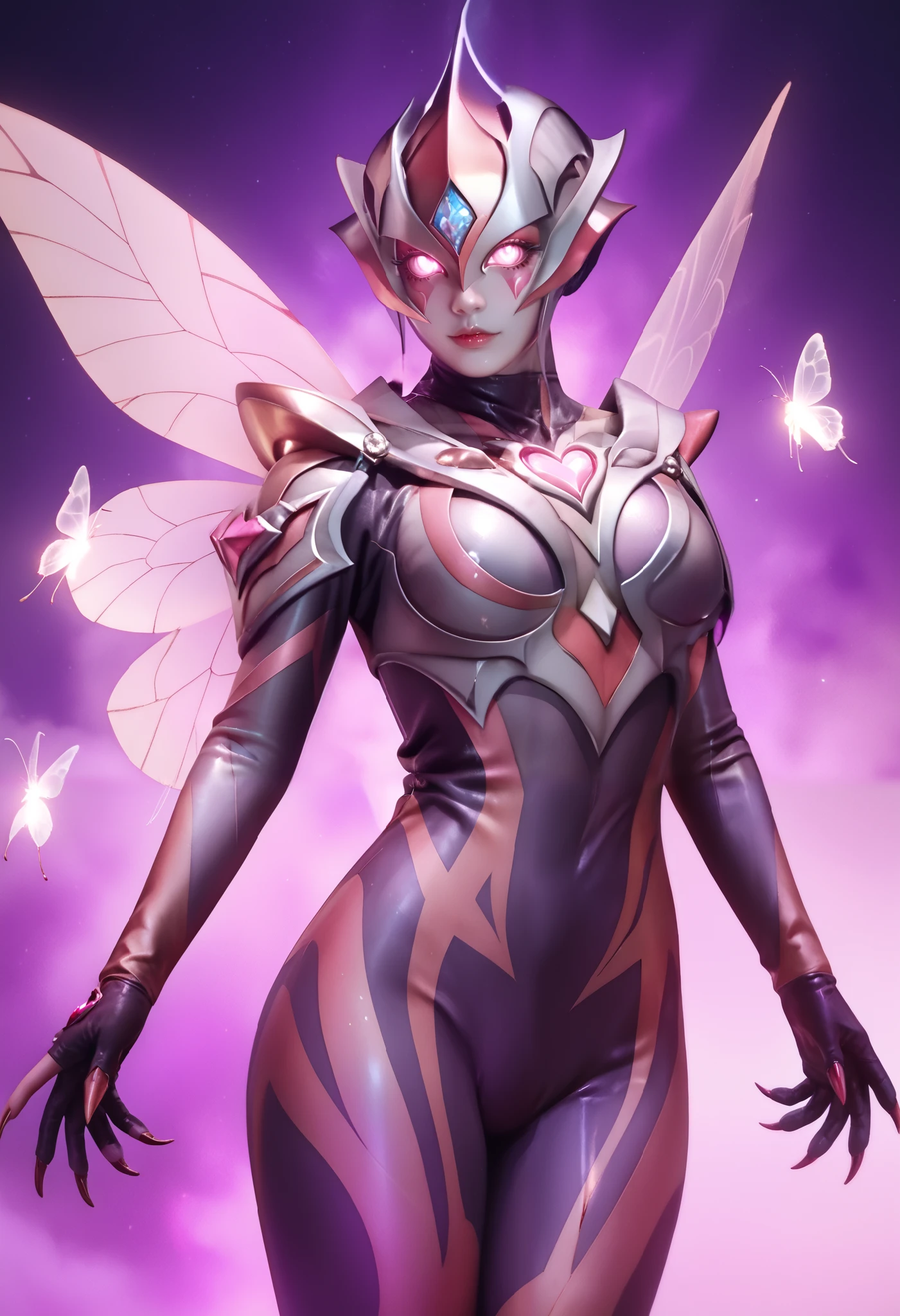 Ultraman Style Girl. Covered in black and purple skin. Pink lines. Glowing crystals on chest. Sharp claws. Firm breasts. Curved waist. Thighs. Inorganic face. Armor-like skin. Honeycomb-patterned skin. Humanoid insect. Mosquito wings. Opal colored wings. A glowing pink heart tattoo.