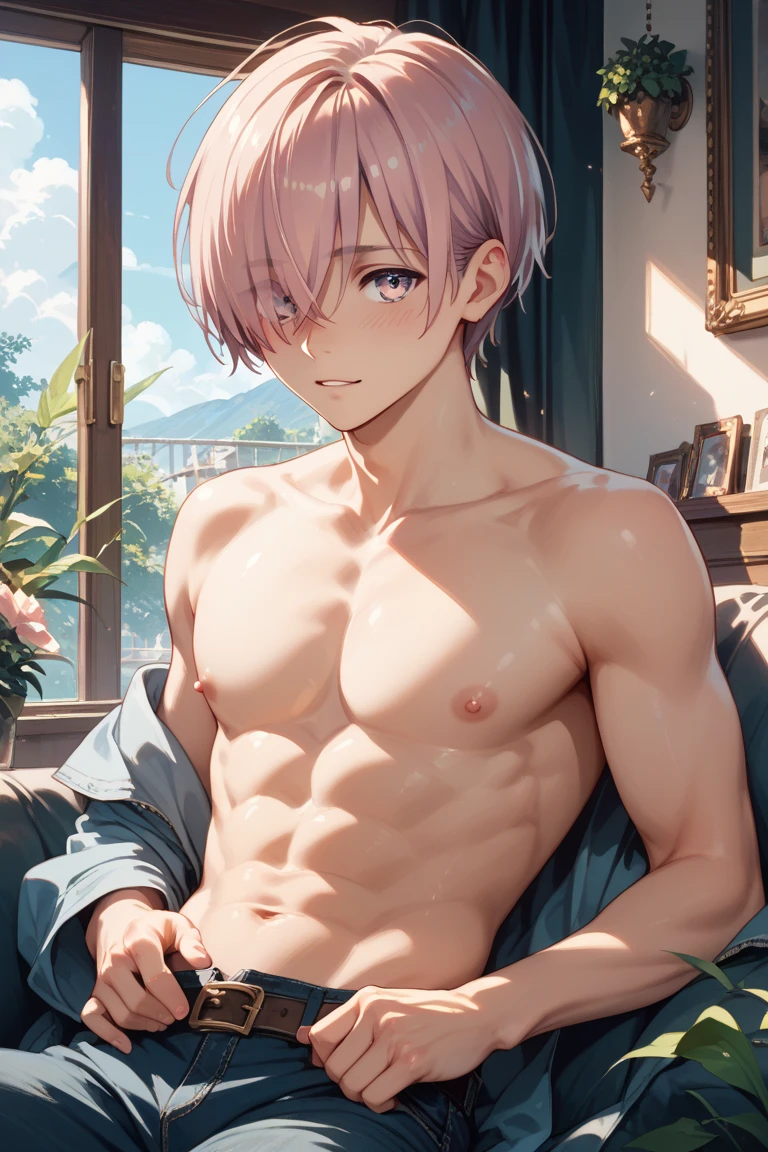 (masterpiece, best quality), 1boy,younge boy,???'s face,Children's faces,Juvenile faces,Lying on a huge amethyst stone,Amethyst Cave,infancy,Young age,Be red in the face,Short round face,Flat chin,Pink briefs,musculous, Short purple hair with a very light color,Heterochromatic eyes in gold and purple, 复杂,Black collar, nakeness, Skinny briefs,Pectoralis abdominal muscles,cleanness,vivd colour,(depth of fields:1.2),(abs),The upper part of the body,looking at viewert,Lying on a huge amethyst stone,Lots of amethysts,Asian people,chineseidol,upperbody closeup,the night,No light source,spreads her legs apart
