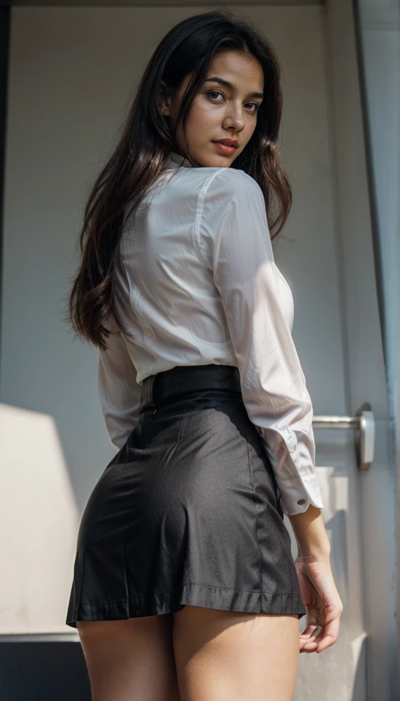 arafed woman in a green very short skirt and white shirt is tying her hair, waist reaching ponytail, her hair is in a pony tail, with a ponytail, she has two ponytails, photo from behind, white shirt and green veryshort skirt, photo still of behind view, with long hair, photo taken from behind, shot from the back, long black hair in a ponytail