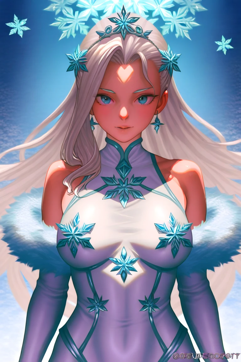 Sapha,long white hair,green eyes with star-shaped pupils,smiling,upper body,
tiara,gauntlets,thighhighs,cleavage,skirt,armor,cleavage,
sitting,throne,
ice castle,
(insanely detailed, beautiful detailed face, masterpiece, best quality),<lora:SapphireRhodonite-10D4:0.8>,