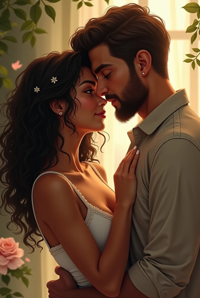 An image showing a couple hugging, the man while hugging her gives her a kiss on the head, He is thin, Dark and tall, she is short, a little whiter with round, gold glasses, has curly hair, long and brown and a little boluctuosa