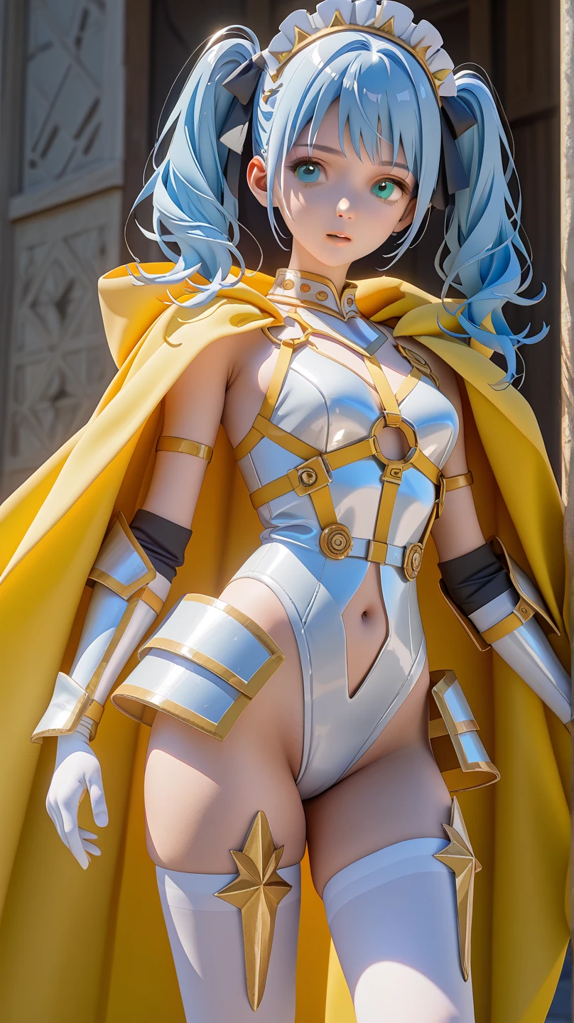 (masterpiece, best quality:1.1), priest \(dq3\), 1girl, solo, long hair, blue hair, red eyes, mitre, tabard, cross print, orange bodysuit, elbow gloves, large breasts, holding, staff, nature, blue sky