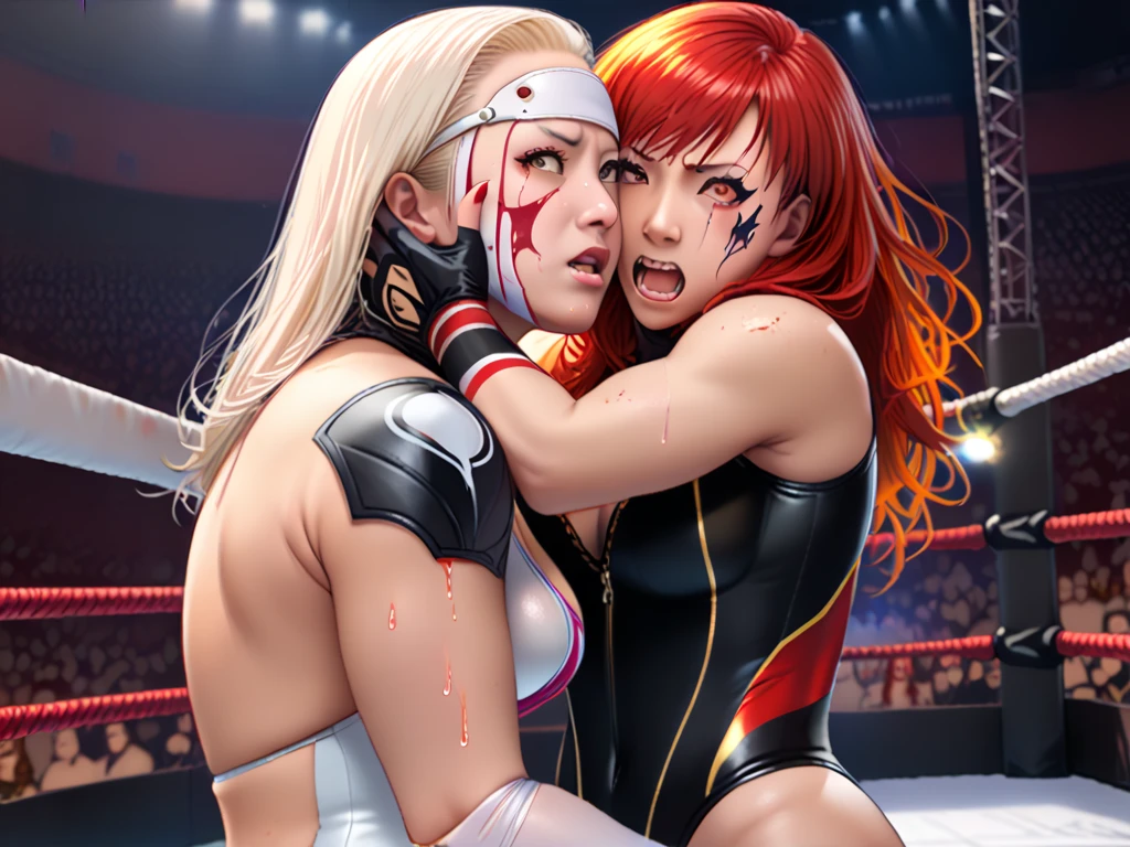 Sweaty and intense orgasm、Full Color、Photorealistic、女子wrestling、Dynamic Pose、leotard、Dazzling Light、wrestling、An enthusiastic crowd watches、Two women in sheer latex wrestling outfits licking a woman's genitals、Cunnilingus orgasm、Orgasm Face。cunnilingus sex,