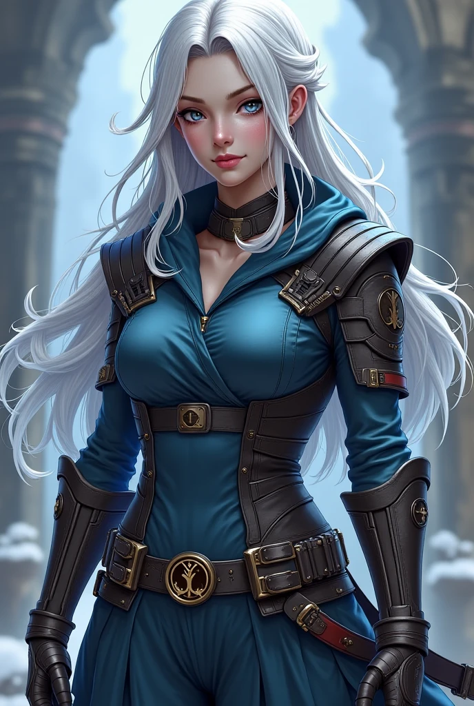 Strong female warrior with lean muscular build, ice blue eyes, long wavy silver hair with natural blue streaks, medium tan skin tone and elaborate tribal scars and tattoos on the body, long, flowing black leather coat with a high collar, fitted, black sleeveless turtle-neck tunic which is cinched at the waist with a wide belt, black leather fingerless gauntlets, black slim fitting leather pants, black sturdy boots.
