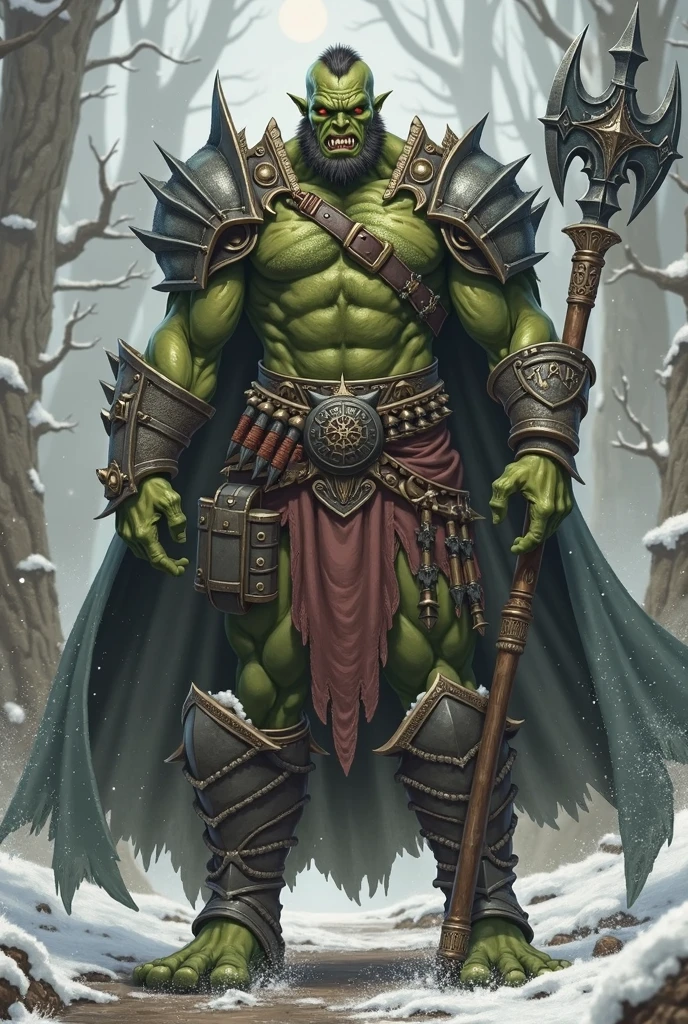 full body low angle shot of a intimidating male firbolg barbarian who uses a huge tribal totem for weapon, firbolg, D&D style, half giant, long green cape, clothes in shades of green, long clothes with sleeves, grey eyes, clothes covering the abdomen, druid clothes