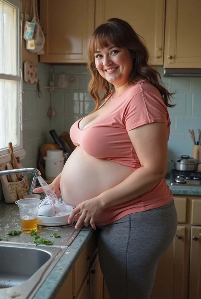 1. pregnant woman 2. sexy 3. wearing a red shirt and blue pants 4. in the kitchen 