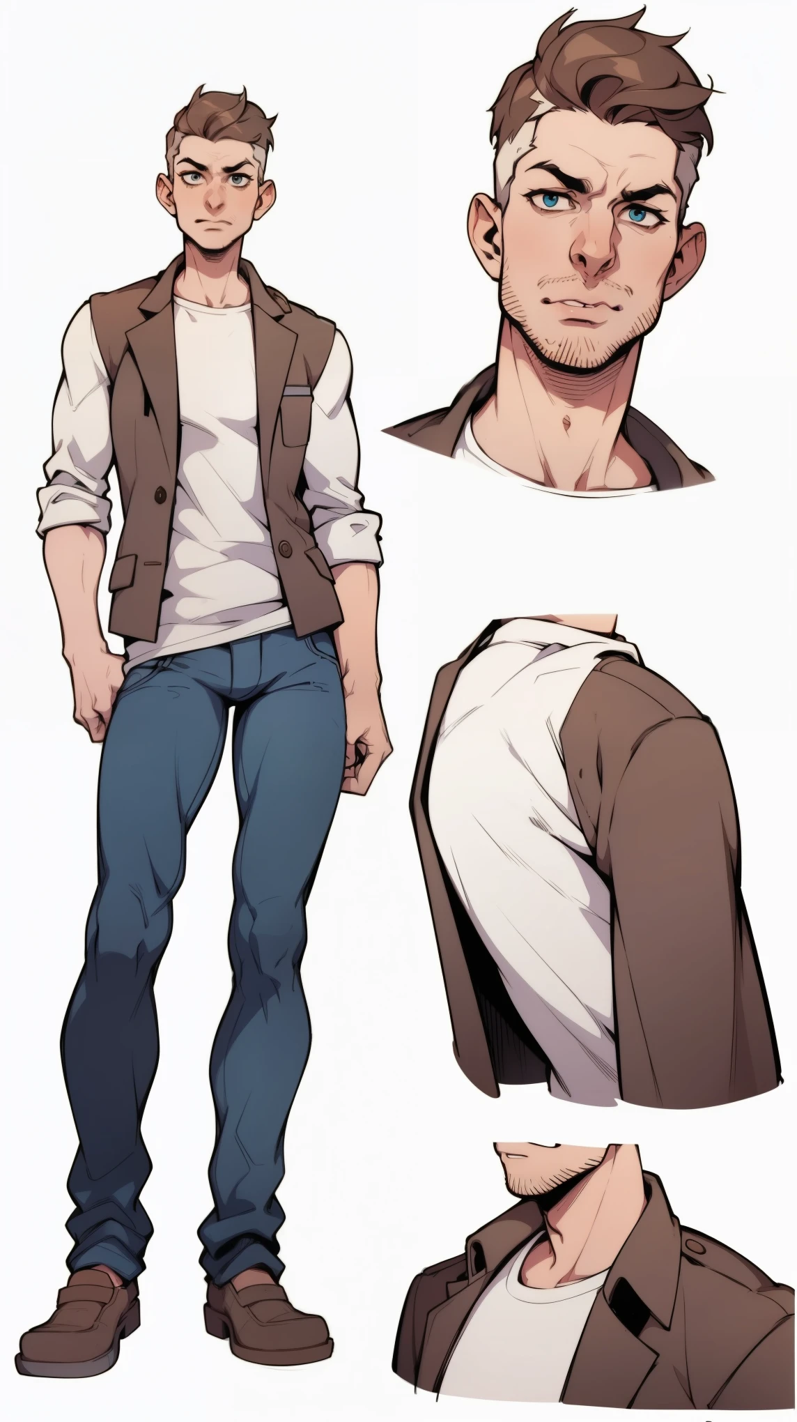 picture of a slim  man, 1guy, pat32, pat 33, 4k, short brown hair, highly detailed, white shirt and jeans, standing, young, charming, (plain white background), (upper body portrait),  (reference sheet, simple white background, (multiple views))