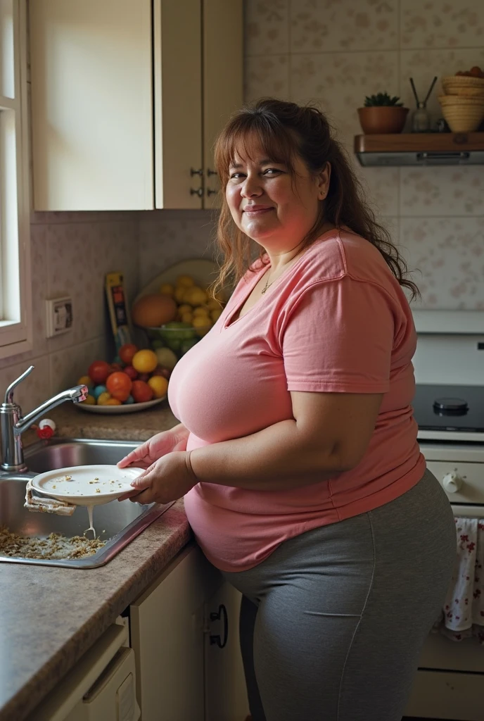 a woman, with a (morbidly obese build), large breasts, bun for hair, cooking, (nude under an apron), being overweight, Working in the kitchen, full body, in kitchen room