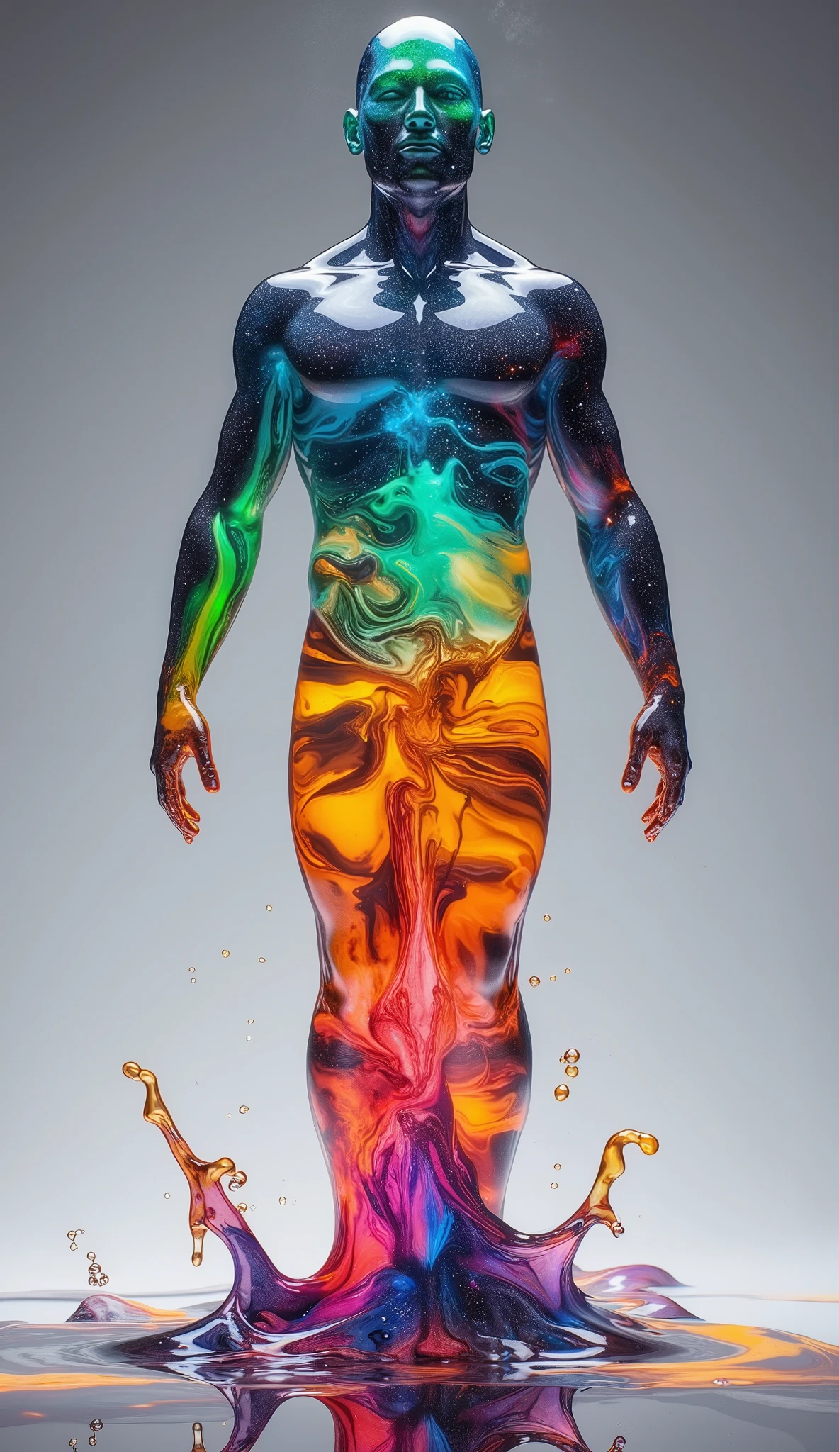 Create a surreal and hyper-realistic scene where molten glass or liquid-like material begins to rise slowly from the floor, gradually taking the form of a human male figure. The liquid is vibrant and multicolored, with hues of deep blues, fiery oranges, bright greens, and shimmering purples blending seamlessly into each other like a living rainbow. As it ascends, the liquid starts to coalesce into the outline of a muscular male body, but the transformation is not yet complete—parts of the figure remain in a fluid state, dripping and flowing dynamically.
The liquid appears to have a glossy, reflective quality, refracting light in ways that create an ethereal glow. Within the liquid, subtle cosmic elements such as stars and nebulae can be seen, adding depth and mystery to its appearance. The background should remain minimalistic, with a neutral tone that emphasizes the vividness and movement of the liquid. The overall mood should evoke a sense of wonder, transformation, and infinite potential, capturing the moment when life emerges from raw, elemental energy.