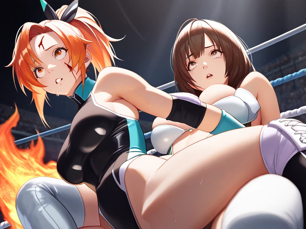 score_9, score_8_up, score_7_up, source_アニメ, sakimiya iruka, red hair, green eyes, one side up, medium hair, green scrunchie, hair ornament, shiny skin, rating_explicit, big breasts, large ass, playboy bunny, fishnet legwear, (cry:1.2),(tears:1.3), open mouth, shout,(sweat:1.2), (steam on body, heavy breathing), (trembling:1.5), drooling, bouncing breasts, unaligned breasts,(motion lines:1.2), (motion blur penis, motion blur body:1.3),(pussy juice, Squirting:1.5), (troll:1.2), (2men, vaginal penis, leaning forward), 2penises,(huge penis:1.6), (head grab:1.2), (cum in mouth, cum on tongue, facial, cum on hair), projectile cum, cum string, excessive cum, pole dance, on stage, (side view:1.3)