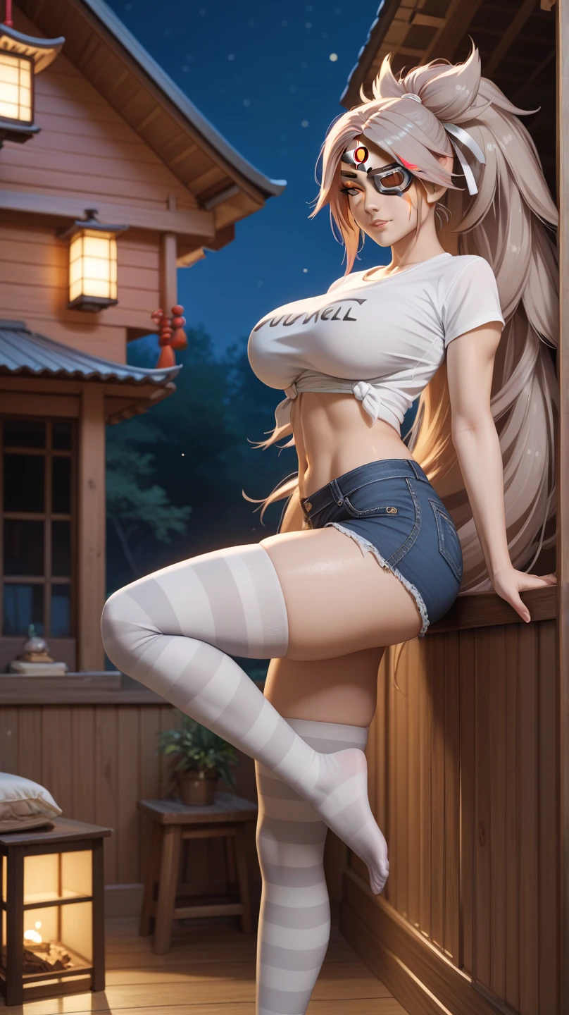 (tmasterpiece:1.4,best qualtiy),(Complicated details),Unity 8k壁纸,((hyper HD, retinas, Masterpiece, ccurate, Anatomically correct, Textured skin, Super detail, High details, High quality, A high resolution, Best quality, Award-Awarded, 16k)),ultra - detailed,Long wavy,curled,Long waves,Long blonde hair,Purple pupils,((gigantic cleavage breasts)),(Denim vests do not wear underwear,Expose your chest,exposing your navel:1.5),(Super short skirt:1.5),sitting on the stone,The scenery behind you is beautiful,Wide crotch,The photo contains the upper body and thighs,ellegance,womanly,carismatic,Red Jewel,Blush Eyeshadow,Pure desire,((Legs crossed)), Dynamic angles and poses,Dutch angle