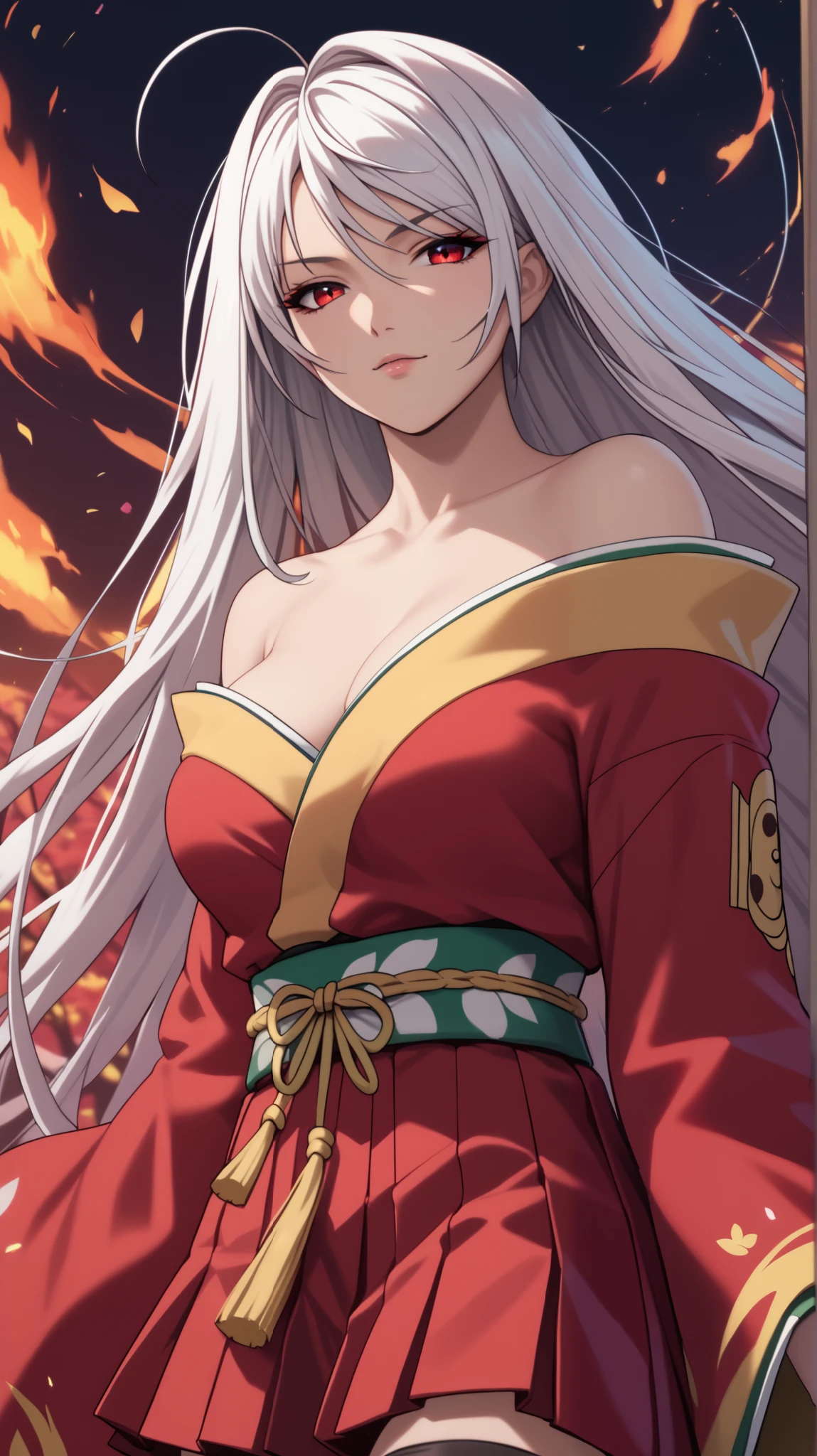 vampire moka akashiya, long hair, red eyes, ahoge, ((white hair)), large breasts, MLTaiho, off shoulder kimono, short kimono, zettai ryouiki, wide sleeves, black thighhighs, hakama short skirt, red kimono, upper body,