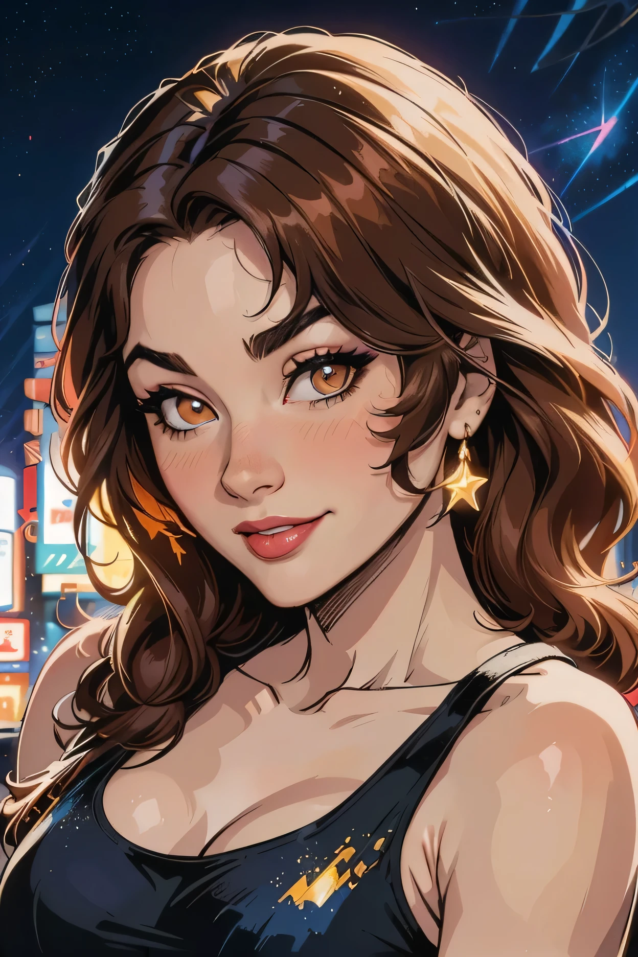 perfect face, perfect body, brown hair, long hair, forehead, brown thin eyebrows, big brown eyes, black eyeliners, blush, nose, round lips, smile, beautiful girl, medium breasts, black scoop tank top, white pants, ((starry sky, night sky, tokyo city, neon light))