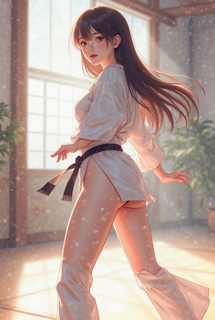 kick、beautiful female karateka、brown hair up style、((whole body))、(((photo taken from below)))、dojo