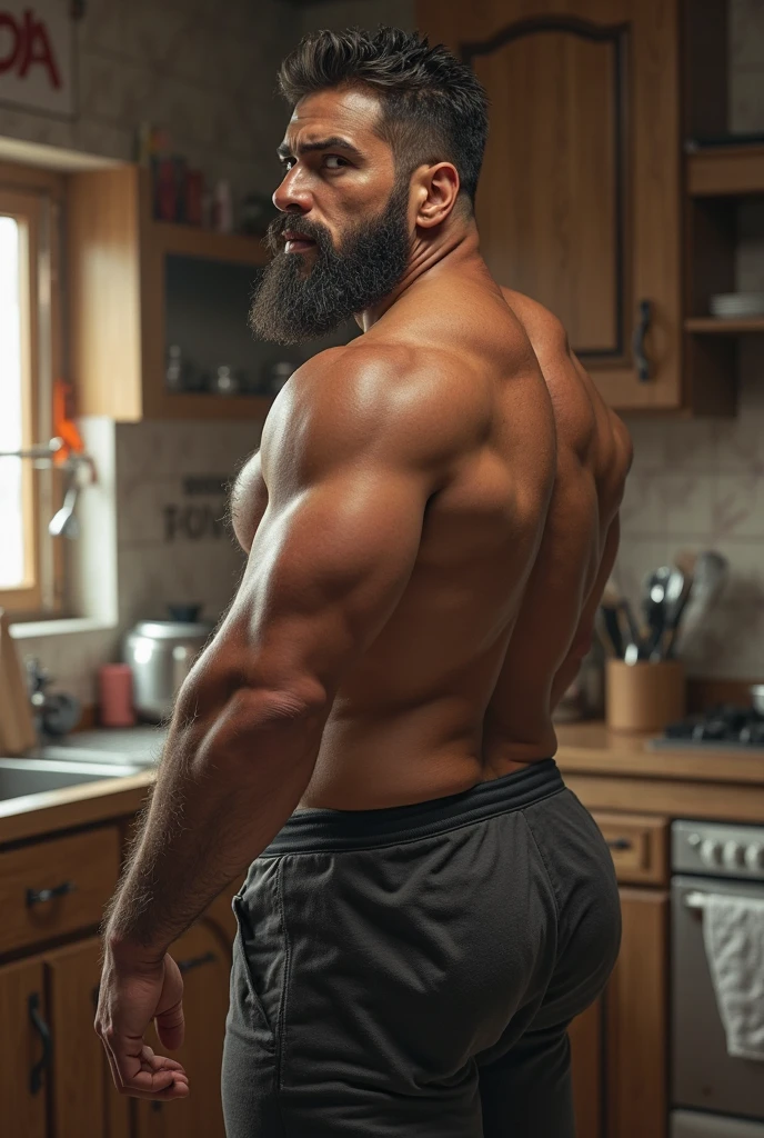 there is a man standing in a bathroom with a towel on his chest, wet hairy bodies, hairy chest and hairy body, mid shot of a handsome guy, partially male hairy torso, hairy body, bare and hairy chest, hairy torso, hairy bodies, hairy orange body, 30 years old man :: Athletic, brawny, robust and stocky body