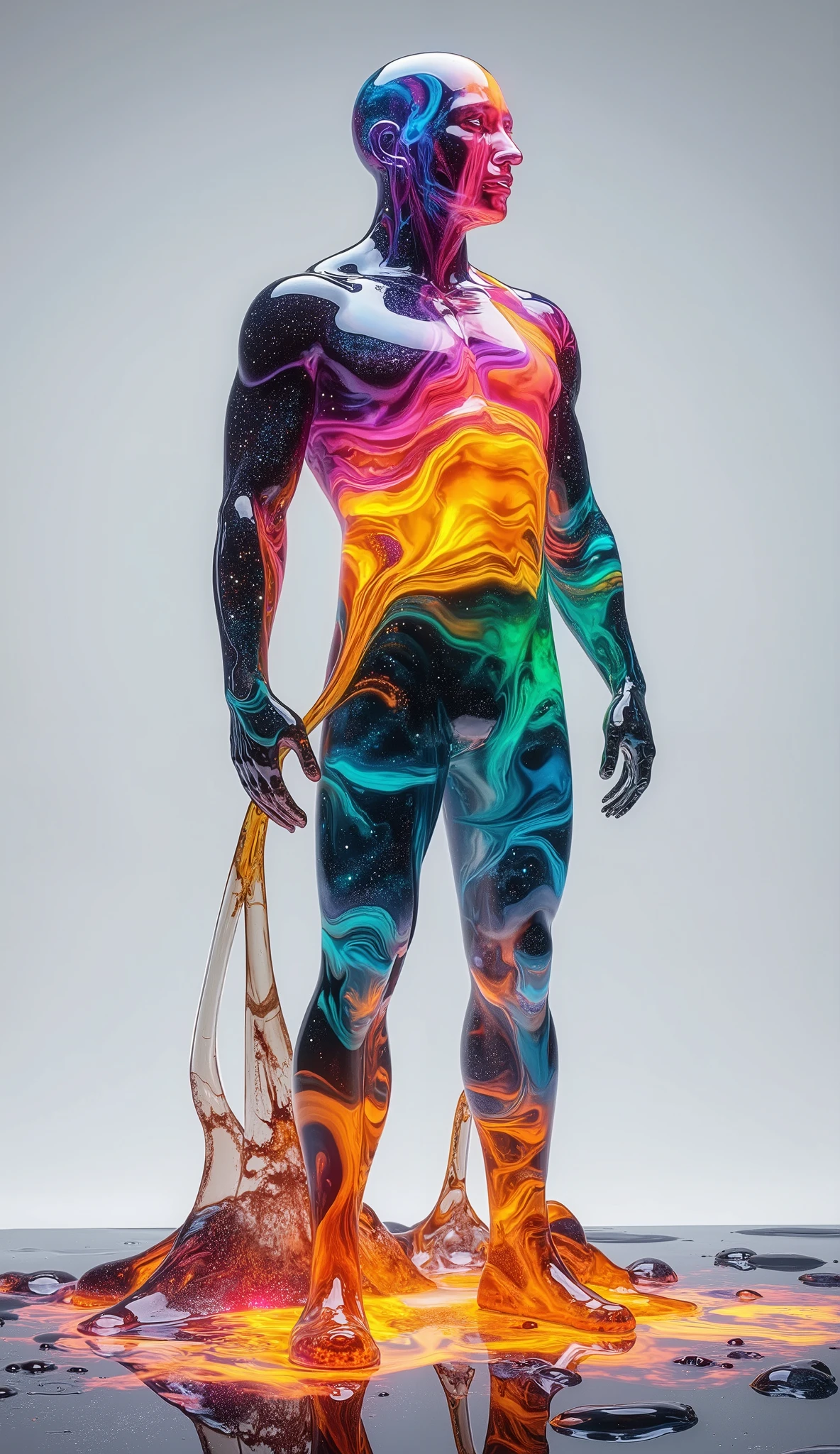 Create a surreal and hyper-realistic scene where molten glass or liquid-like material begins to rise slowly from the floor, gradually taking the form of a human male figure. The liquid is vibrant and multicolored, with hues of deep blues, fiery oranges, bright greens, and shimmering purples blending seamlessly into each other like a living rainbow. As it ascends, the liquid starts to coalesce into the outline of a muscular male body, but the transformation is not yet complete—parts of the figure remain in a fluid state, dripping and flowing dynamically.
The liquid appears to have a glossy, reflective quality, refracting light in ways that create an ethereal glow. Within the liquid, subtle cosmic elements such as stars and nebulae can be seen, adding depth and mystery to its appearance. The background should remain minimalistic, with a neutral tone that emphasizes the vividness and movement of the liquid. The overall mood should evoke a sense of wonder, transformation, and infinite potential, capturing the moment when life emerges from raw, elemental energy.