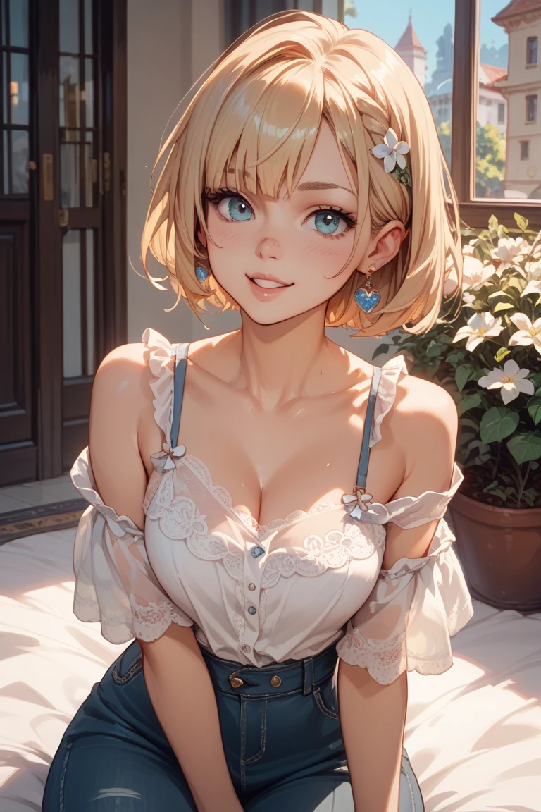 masterpiece、Highest quality、、Face close-up、sit、blonde、short hair、One Girl、Show your amount、smile、Prom Dresses、Large Breasts、Wide open chest、I can see your thighs、
