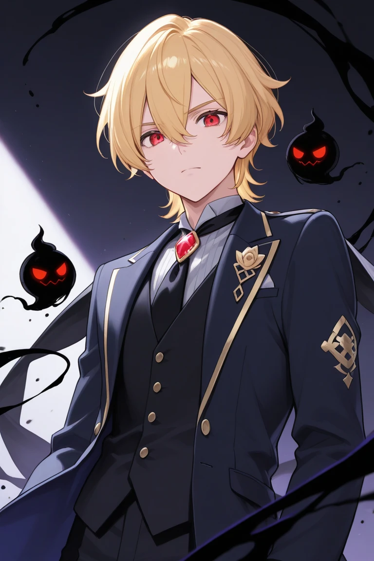 heterochromia，역동적인 pose，Take photos，pose，upper body, male, adult, Short hair, blond hair, suit, expressionless, tear, vampire