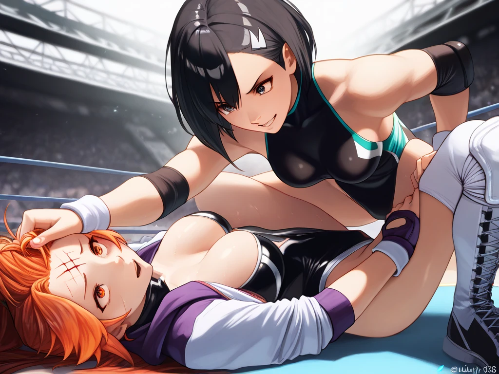 high quality,HD,16k,sharp lines,2 girl,Female freestyle wrestling athlete ,cute face, large breasts, nice legs,At the freestyle wrestling venue,focus girl,detailed beautiful face,detailed clothes,beautiful eyes,cool,dynamic angle,in a close and intense fight on a mat, showing their submission hold techniques with a lot of sweat on their body 