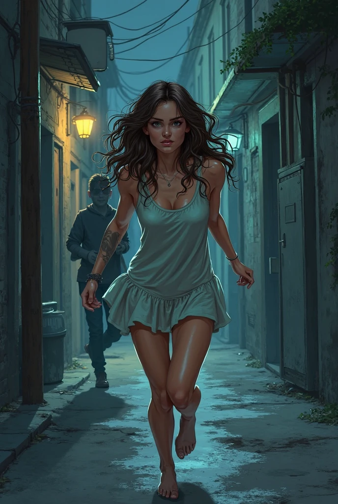 Taylor Hill (beautiful and bold, seductive and attractive, blue eyes, pointed breasts, long red dress of chiffon fabric, thick legs). (deserted road, dirt road, smoke, abandoned cars, newspapers, abandoned objects, bodies lying on the ground, abandoned road, dark night, apocalyptic scenery, barbed wires, abandoned city, cinematic effect), (Best quality, masterpiece, depth of field, Full HD, 4K, richness of detail). Portrait style